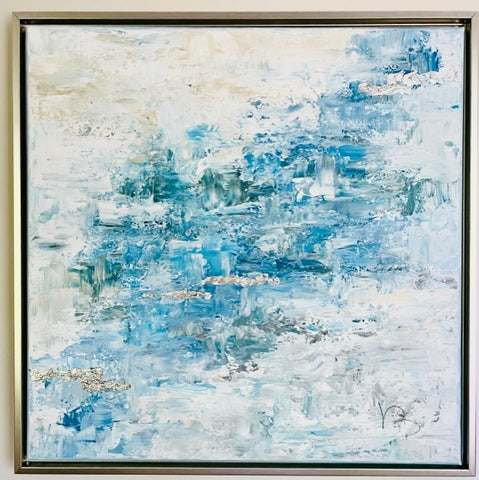 blue and white oil painting of water influenced by MONET