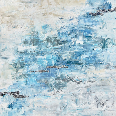 Blue and white abstract painting of water influenced by  MONET