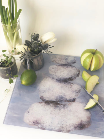  Image of Gray Rocks transposed onto the back of durable tempered glass 12” square cutting board and serving tray made in the USA by Brooks Works Studio.  